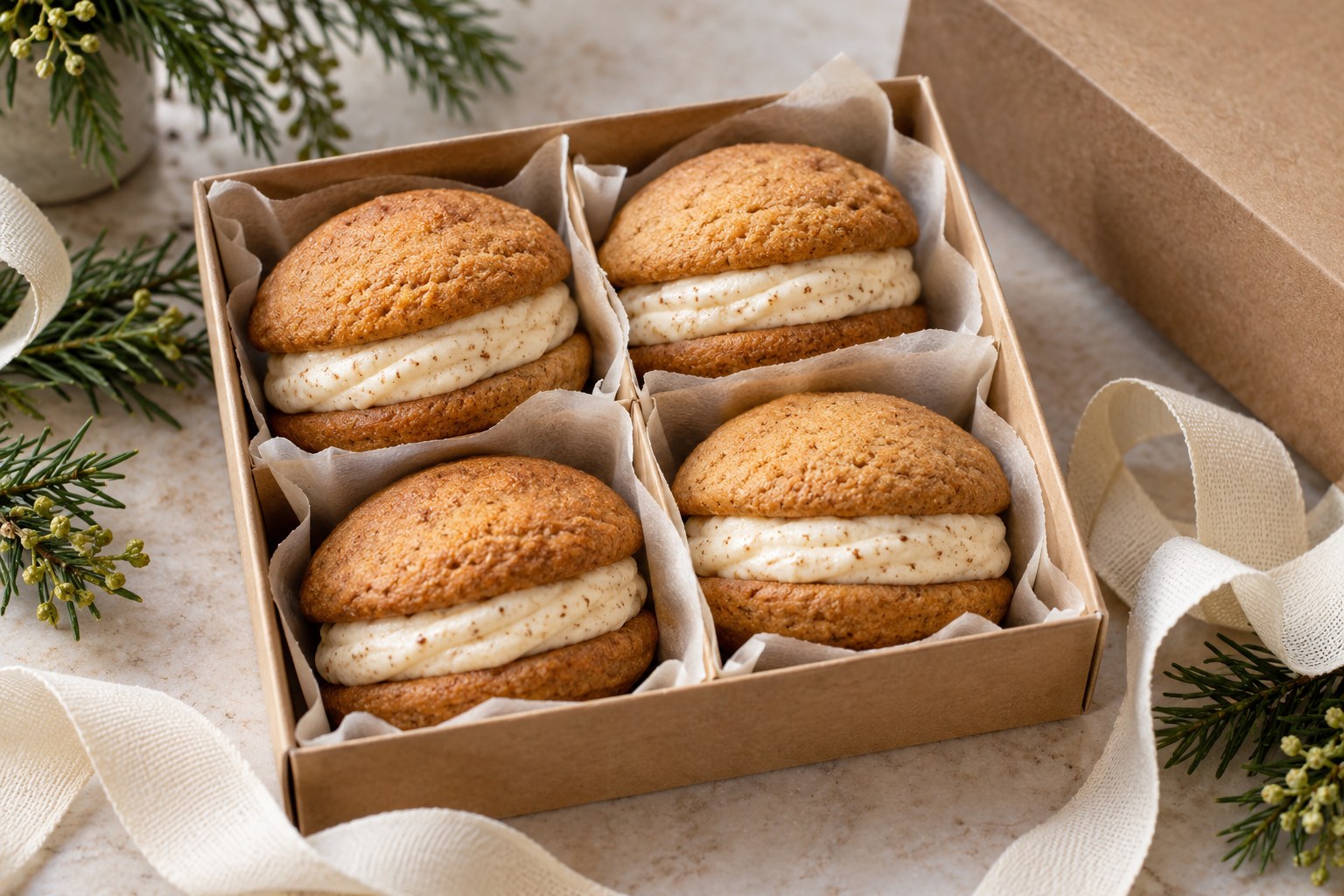 Eggnog whoopie pie sandwich cookies arranged in a shallow parchment-lined gift box