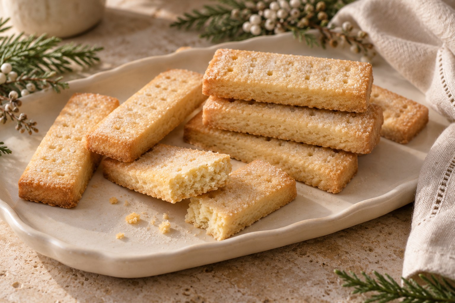 Pale vegan shortbread fingers with fork marks and lightly golden edges