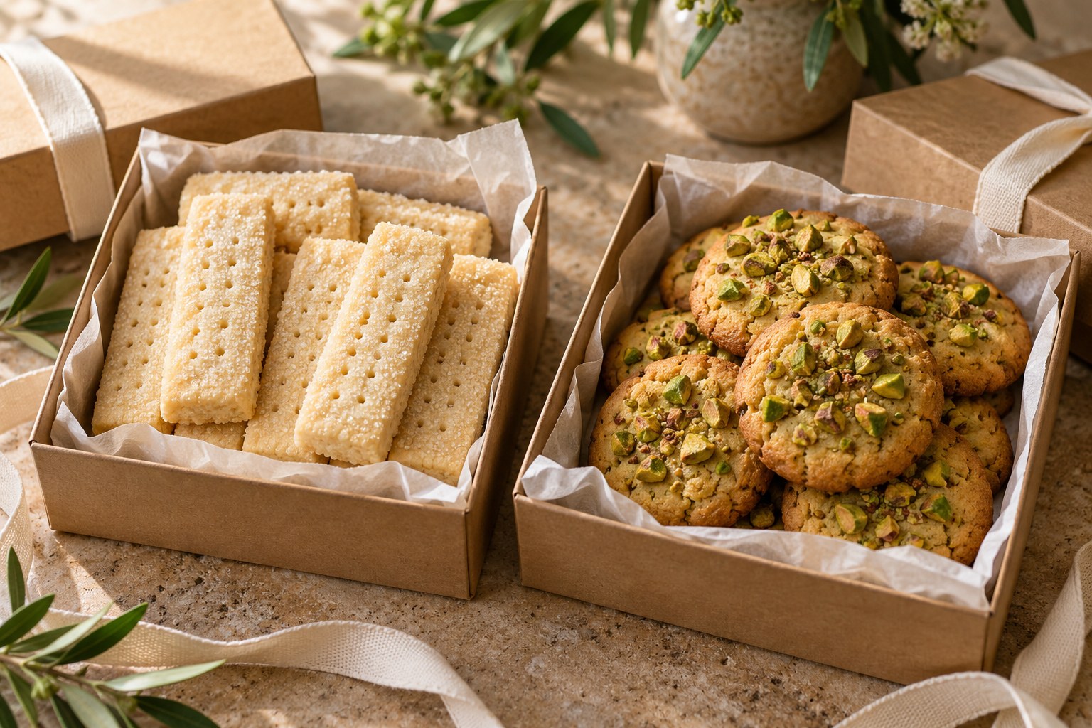 Vegan shortbread and pistachio cookies packed in separate parchment-lined gift boxes