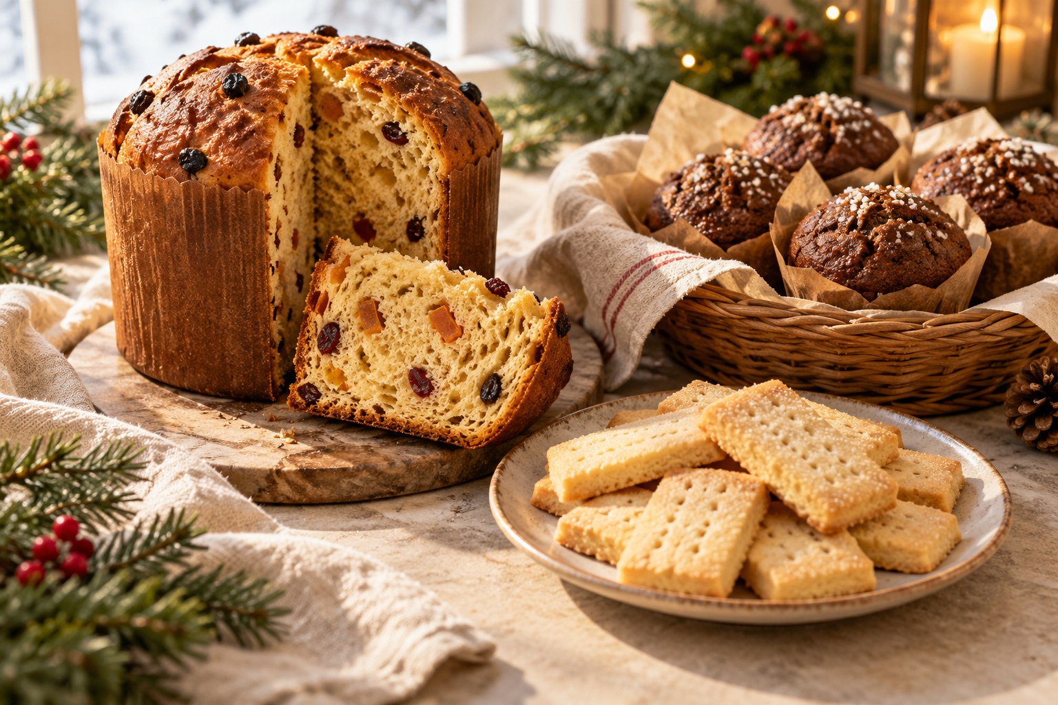 A small vegan Christmas spread of panettone, shortbread fingers and gingerbread muffins