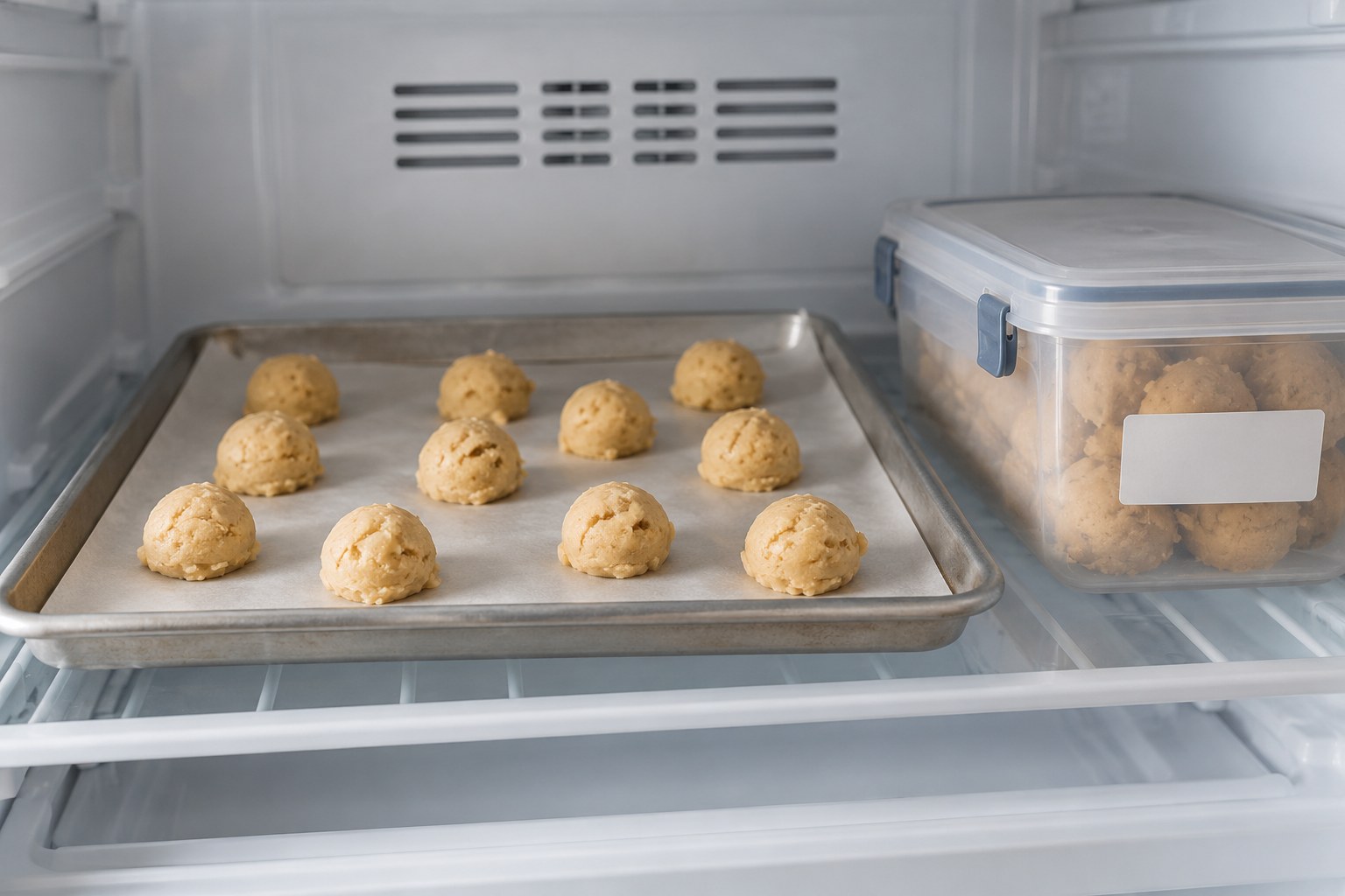 Portioned cookie dough balls freezing separately on a parchment-lined tray