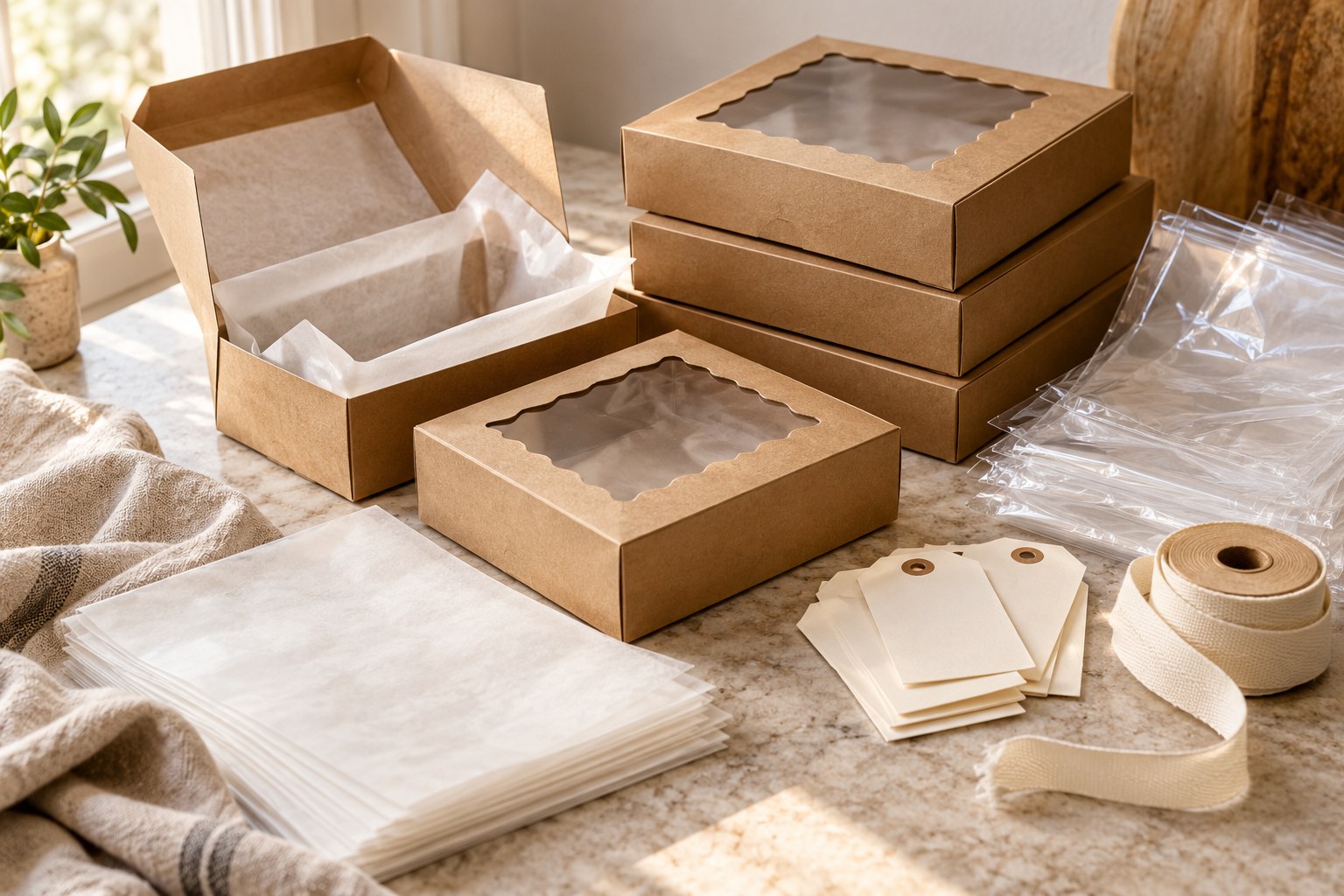 Food-safe gift boxes, parchment, bags and ribbon organized before holiday baking