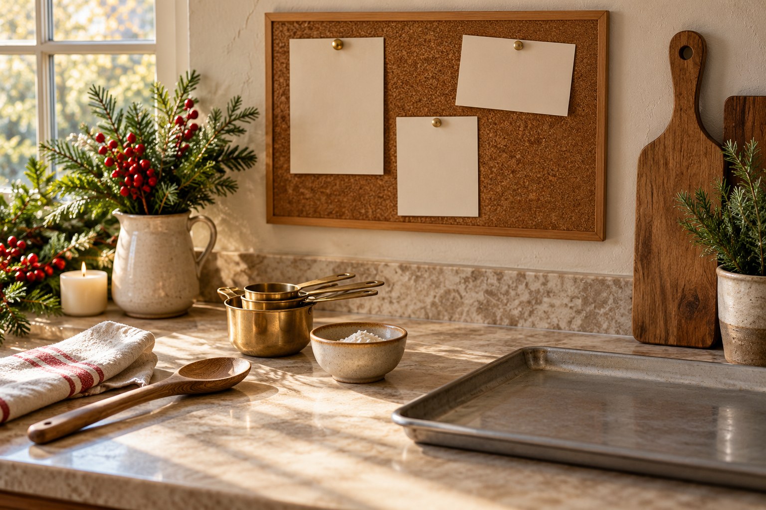 Blank task cards and baking tools arranged to organize holiday kitchen jobs