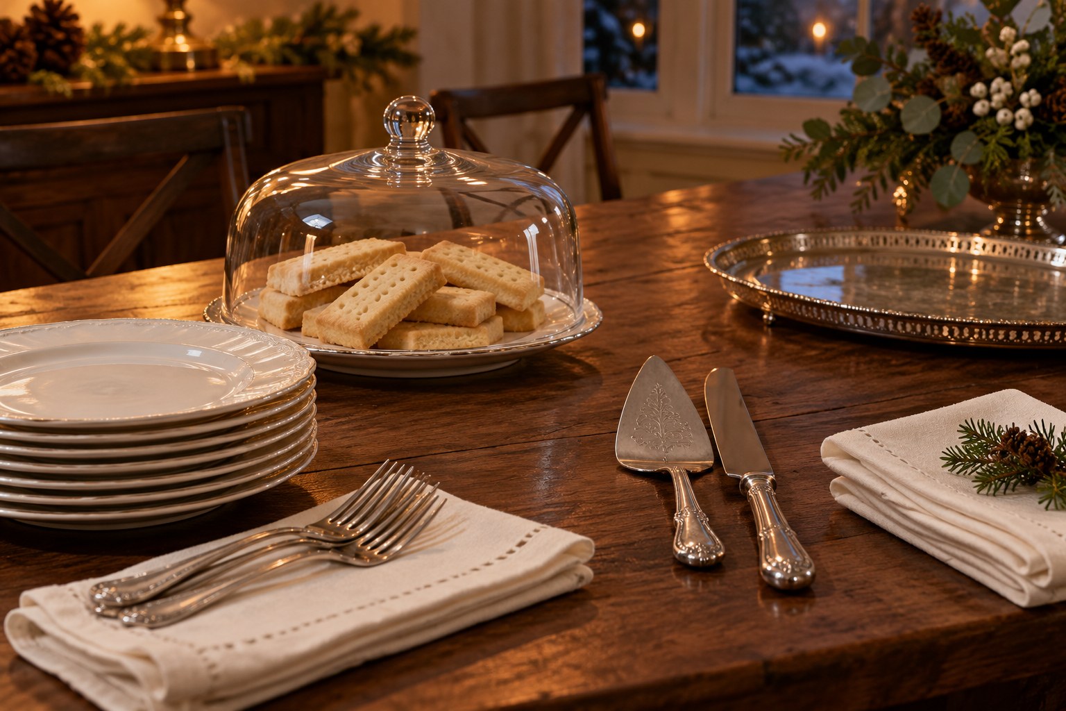 Clean dessert plates, serving utensils and covered shortbread prepared before guests arrive