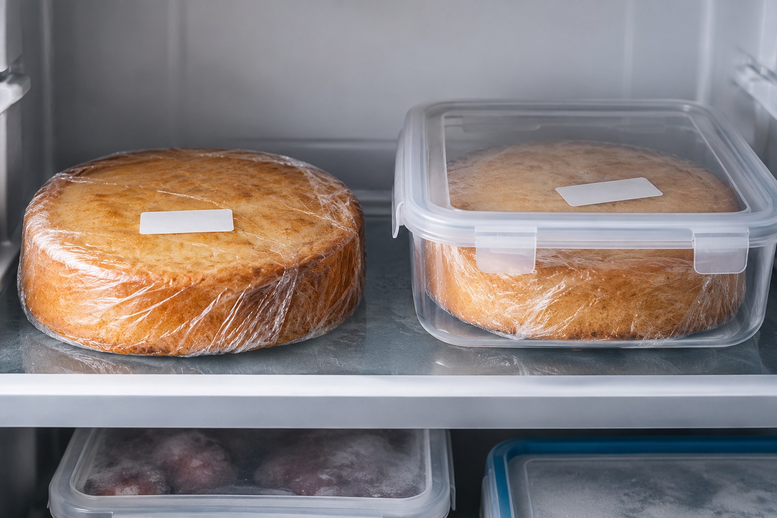 Wrapped unfrosted cake layers protected on a flat freezer shelf