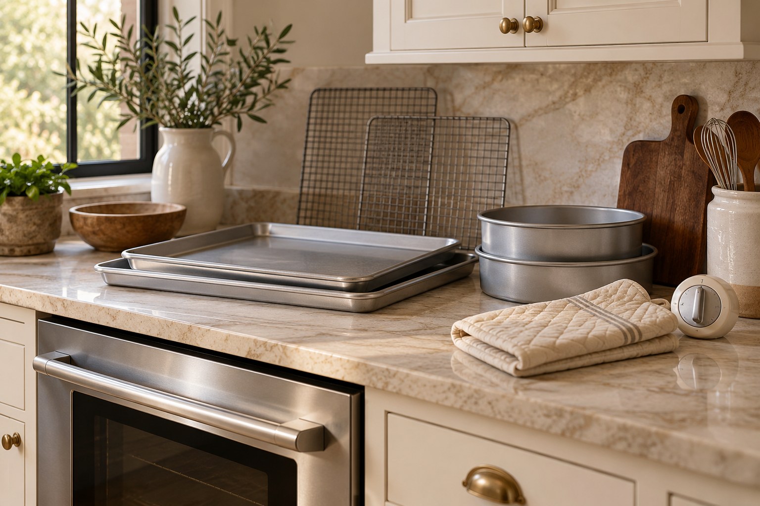 Clean baking trays, cooling racks and cake tins organized beside the oven