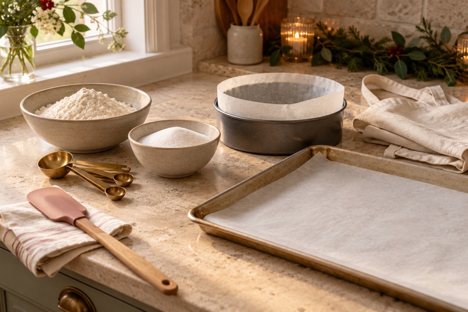 Measured flour, sugar and clean lined baking tins prepared for a baking session