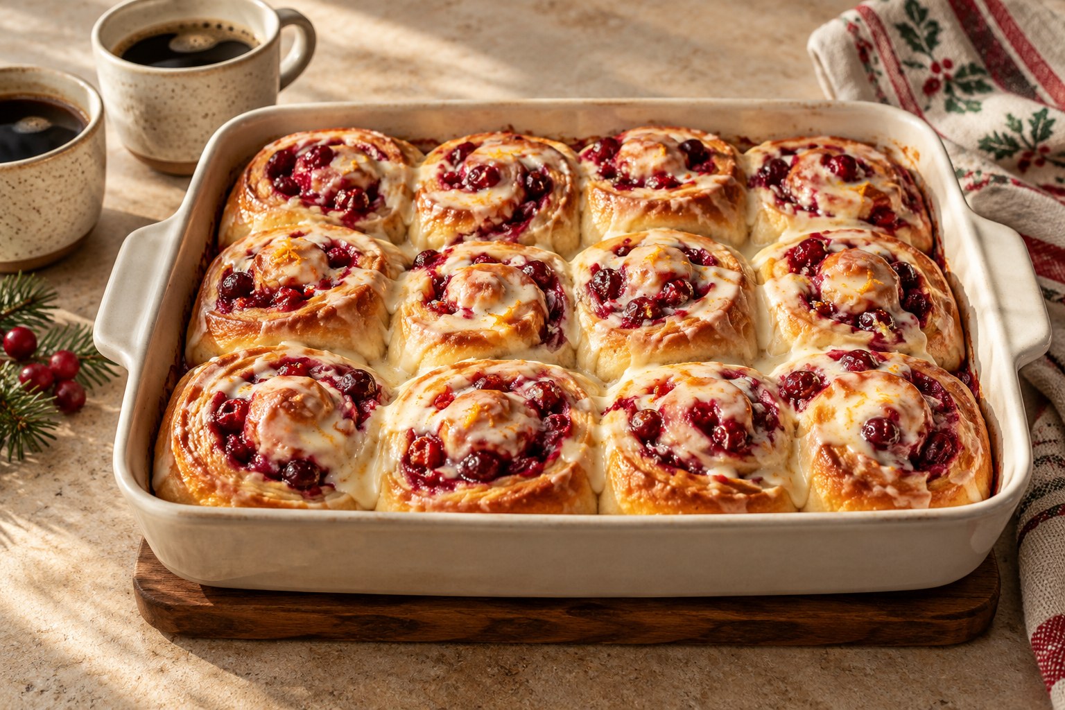 Freshly baked cranberry orange breakfast buns with cream cheese glaze