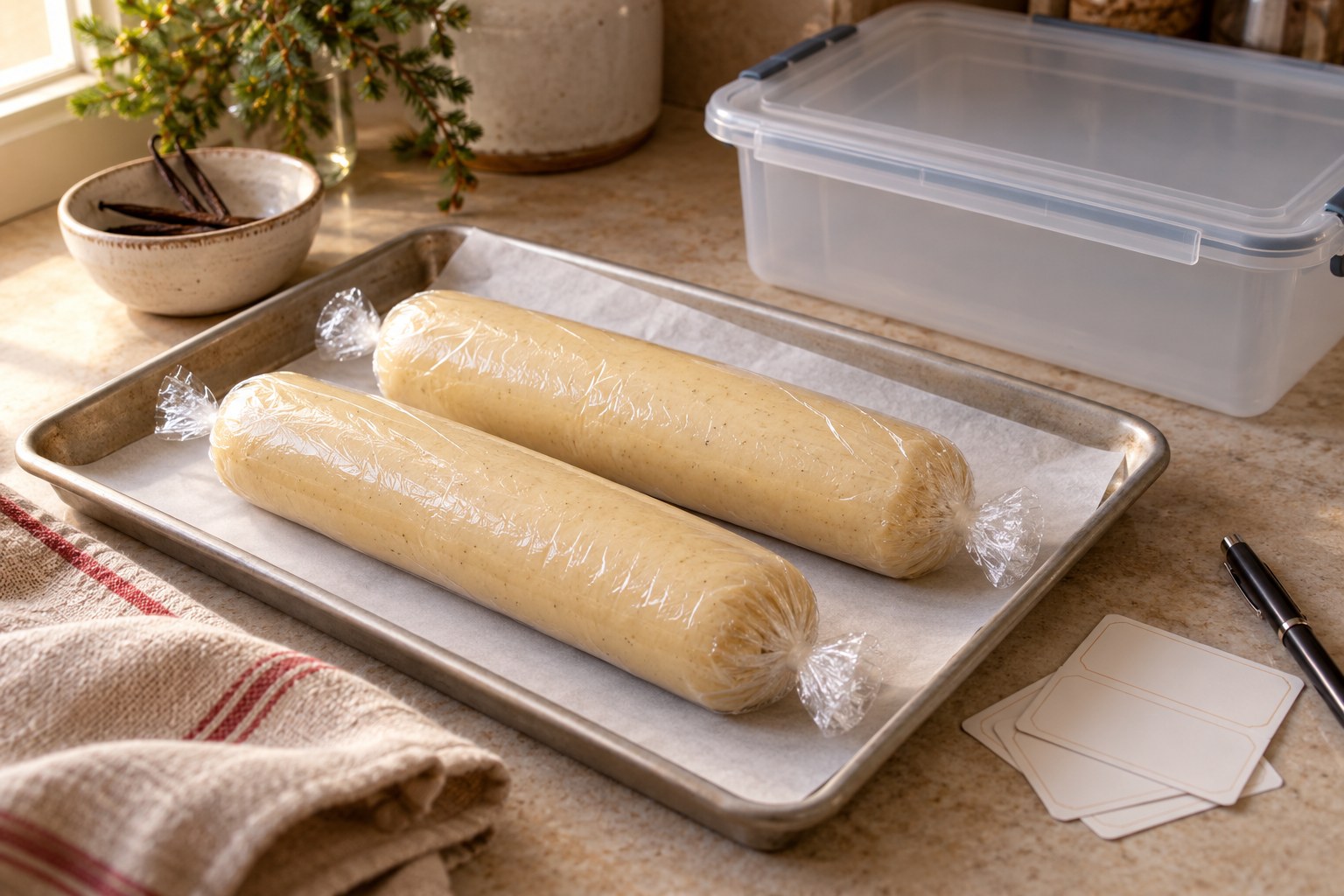 Icebox cookie dough logs wrapped for freezing on a parchment-lined tray