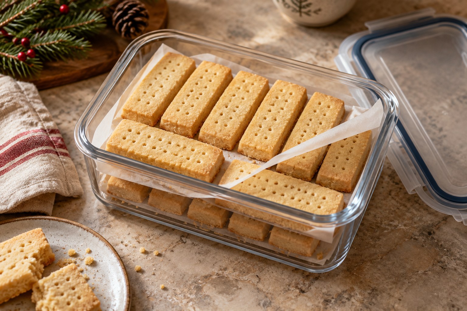 Shortbread fingers separated by parchment inside an airtight storage container