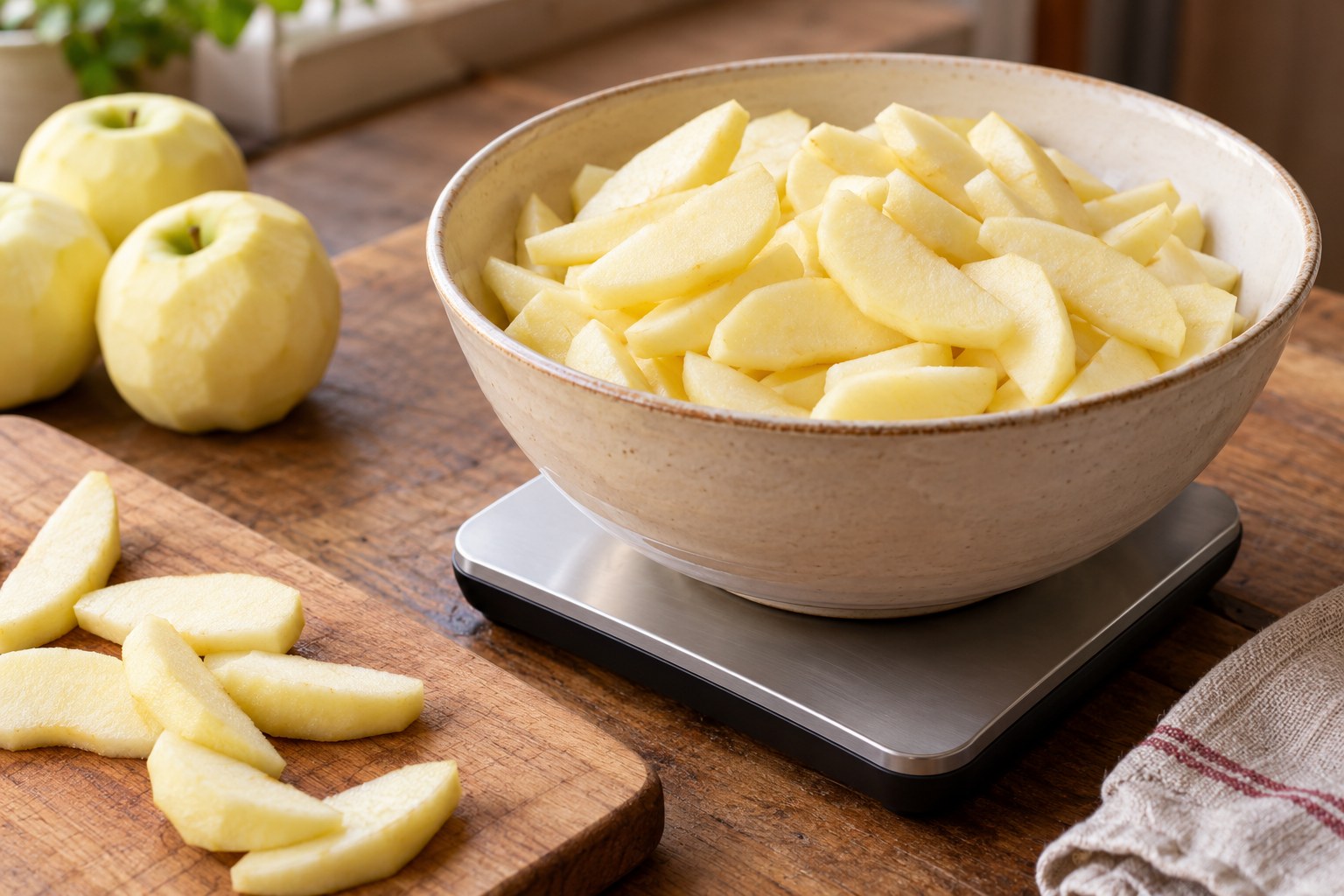 Uniform peeled apple slices measured in a bowl on a kitchen scale