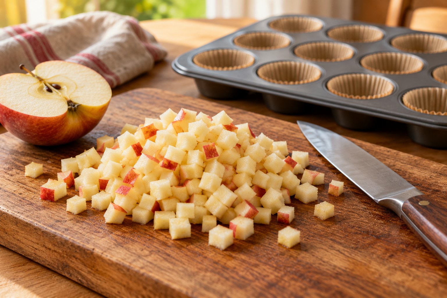 Finely diced apple pieces beside a lined mini muffin pan
