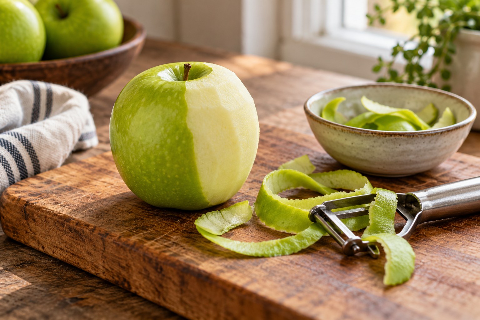 A partly peeled apple beside a vegetable peeler and strips of peel