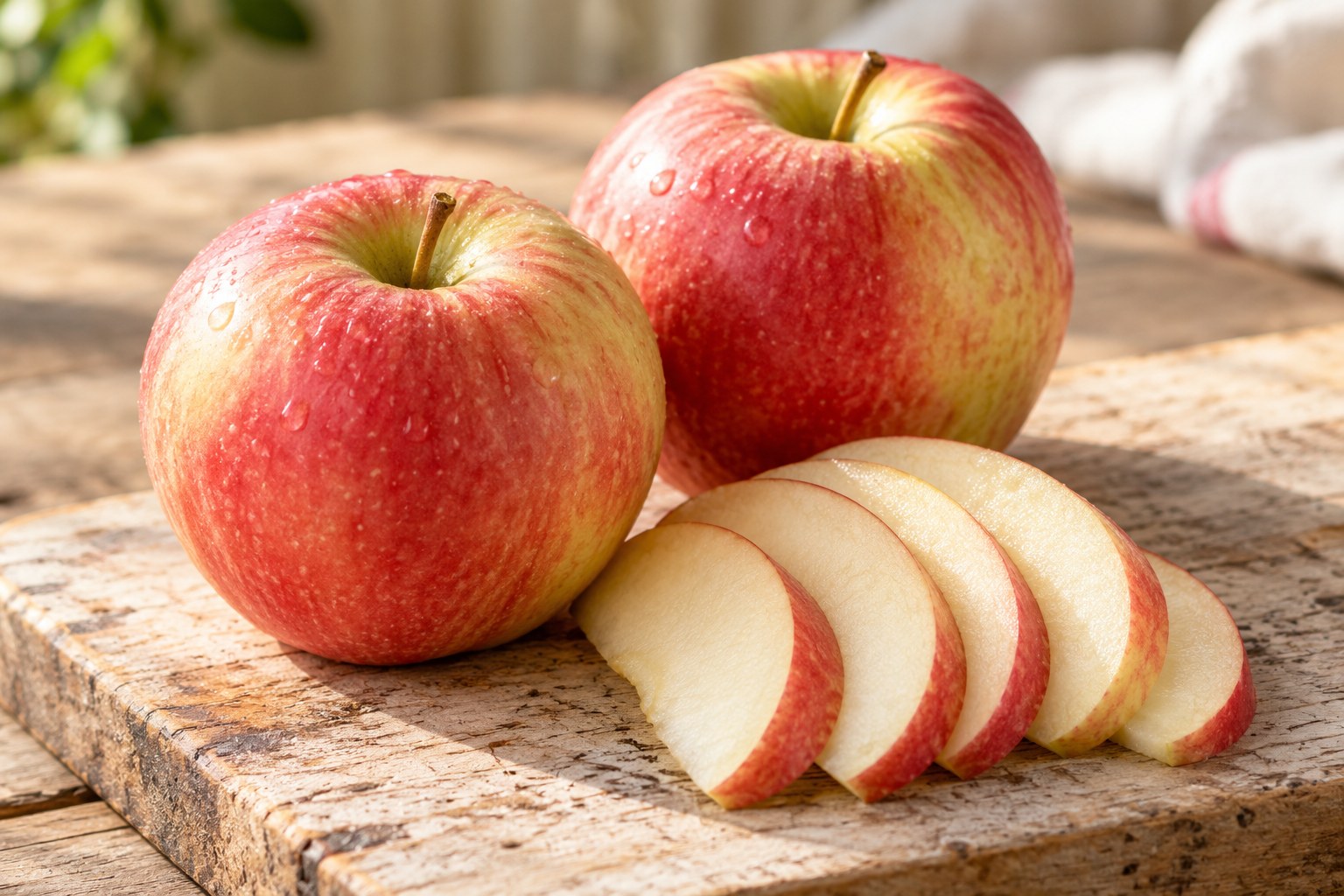 Blush-pink apples with thin skin-on slices arranged on a wooden board