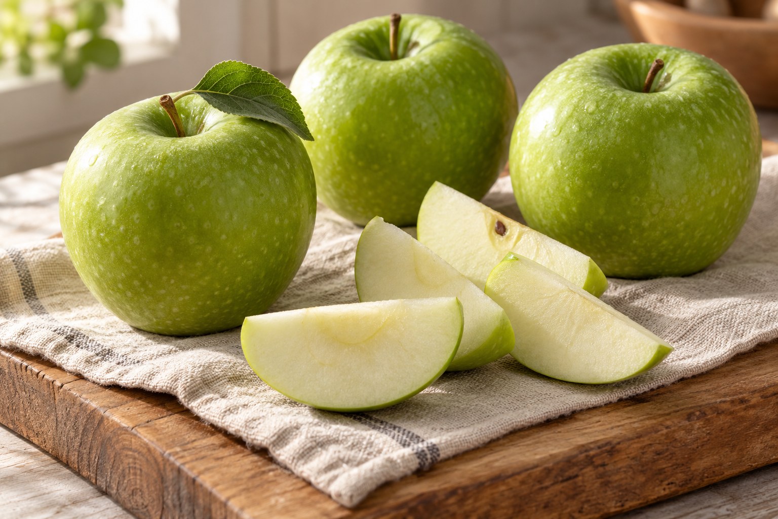 Fresh Granny Smith apples with green skins and pale cut wedges