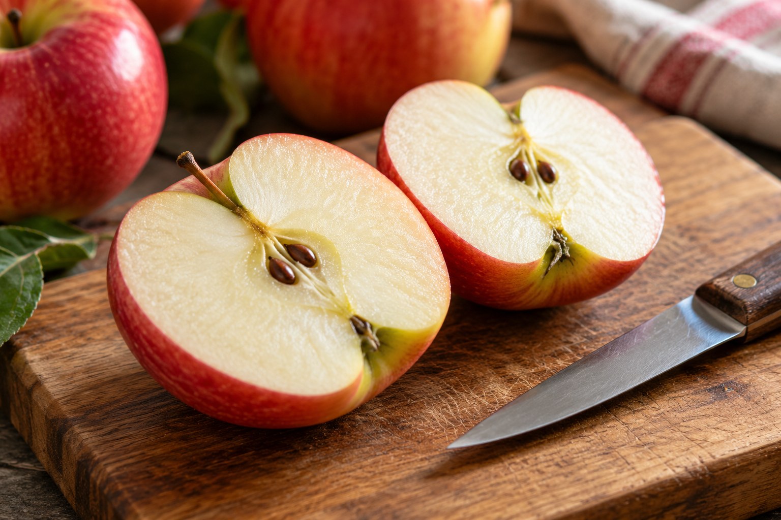 A freshly halved firm apple showing its crisp pale flesh and intact core