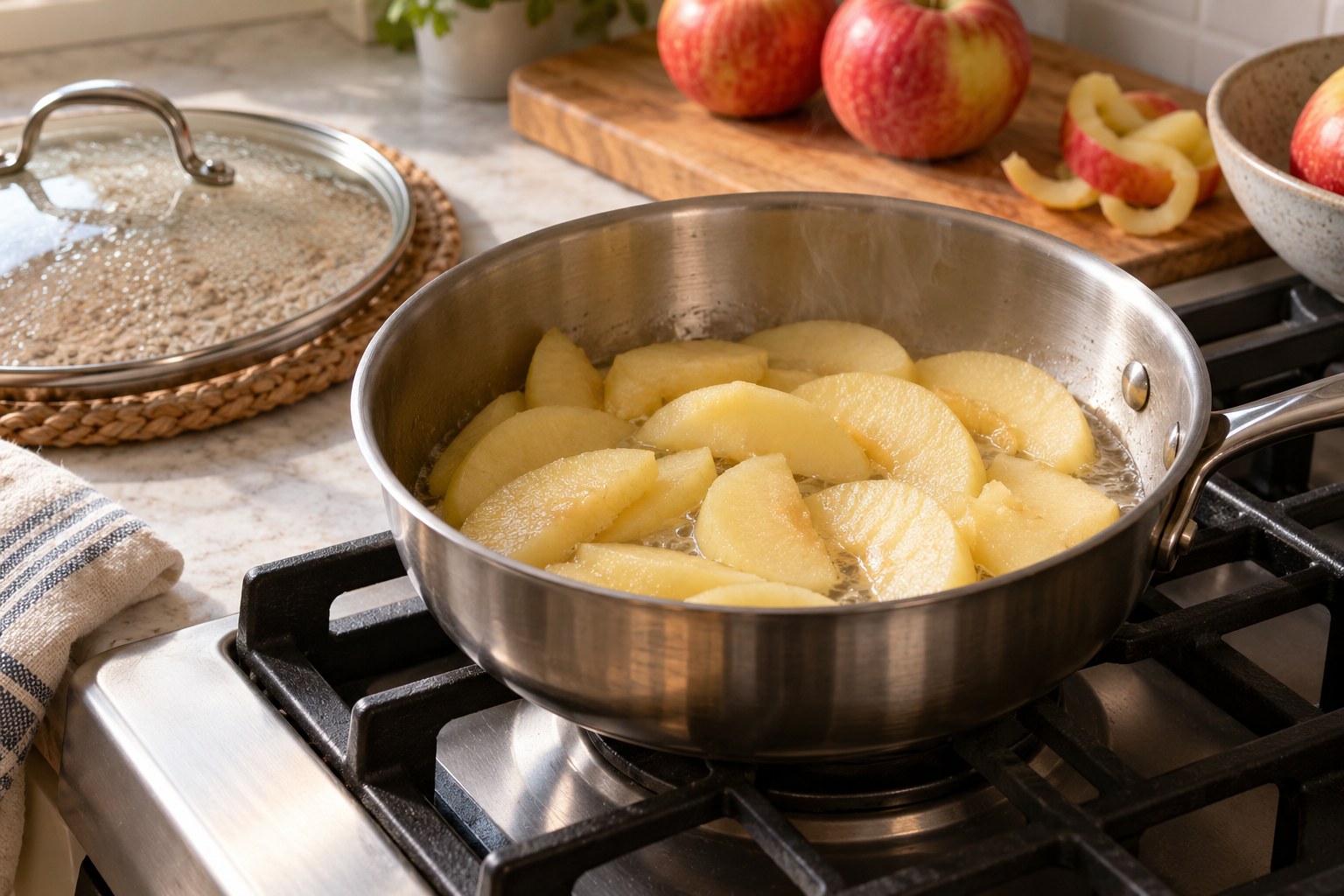 A few apple slices gently cooking with a splash of water in a small pan