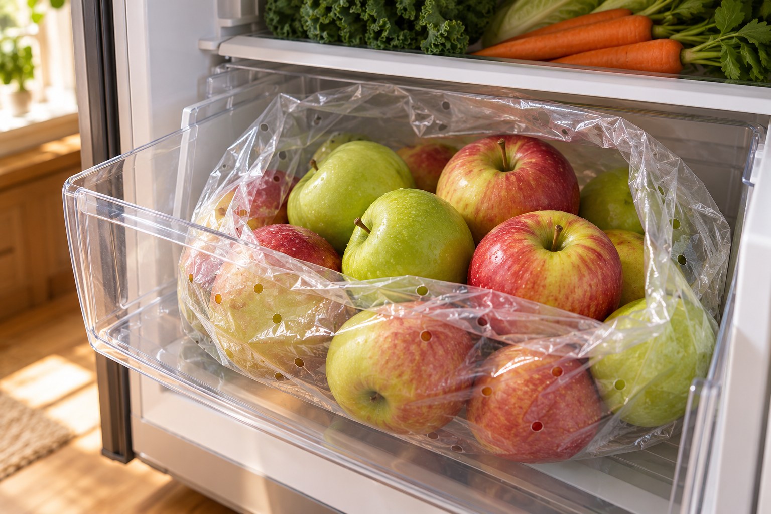Whole baking apples in a perforated produce bag inside a refrigerator crisper drawer