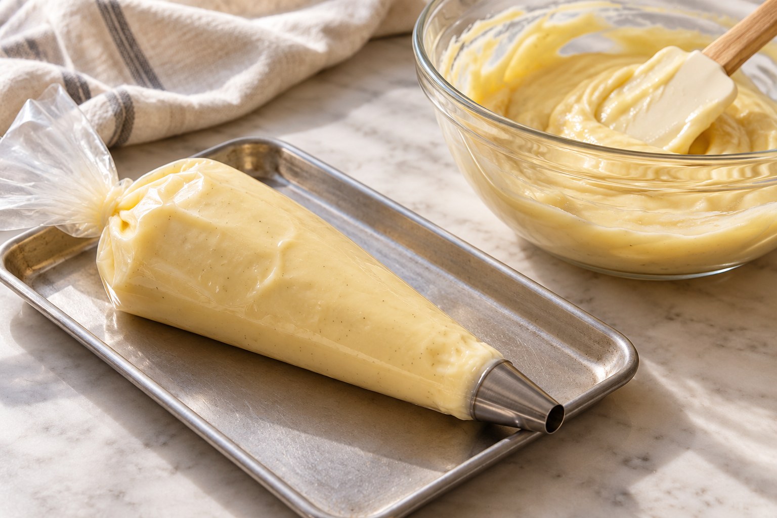Smooth pastry cream in a piping bag ready for filling