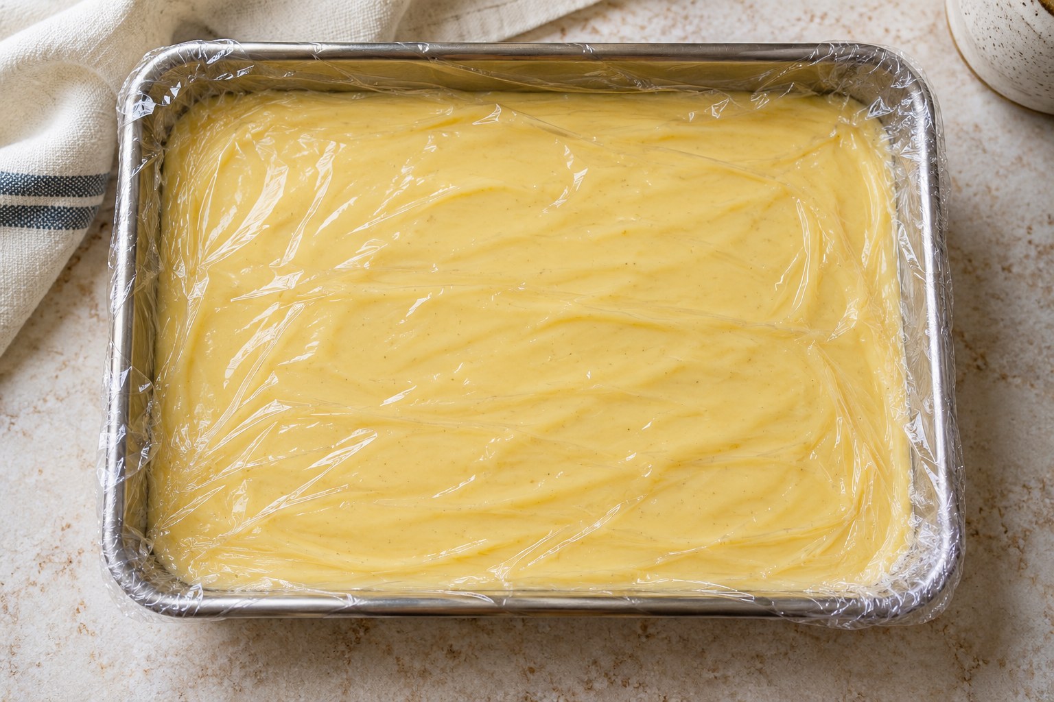 Direct-contact film covering pastry cream in a shallow tray