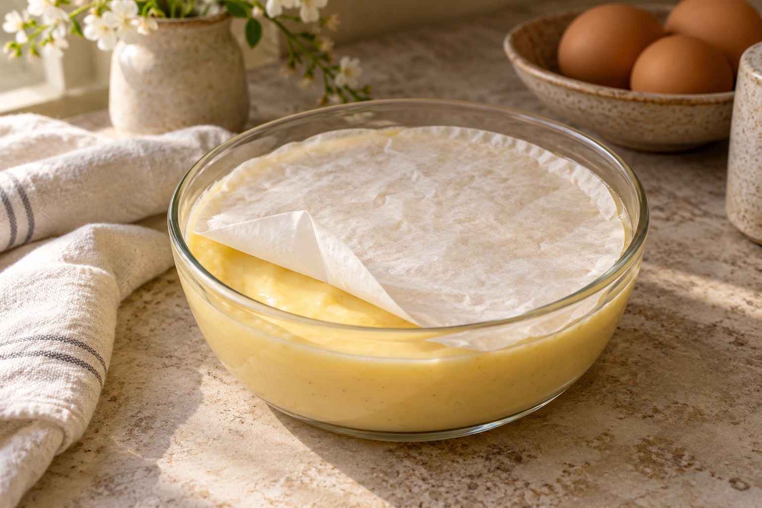 Baking parchment resting directly on the custard surface