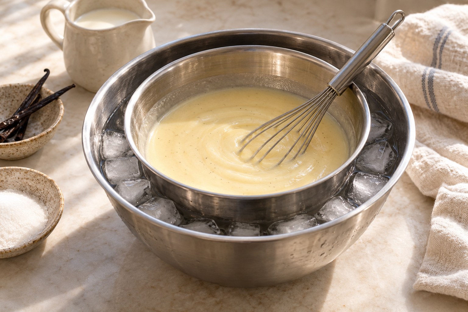 Pouring vanilla custard cooling in a bowl over an ice bath