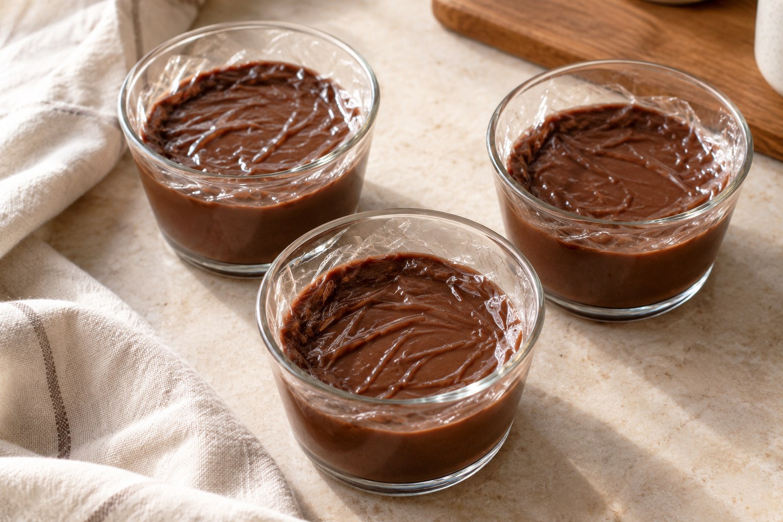Individual chocolate puddings covered directly on their surfaces