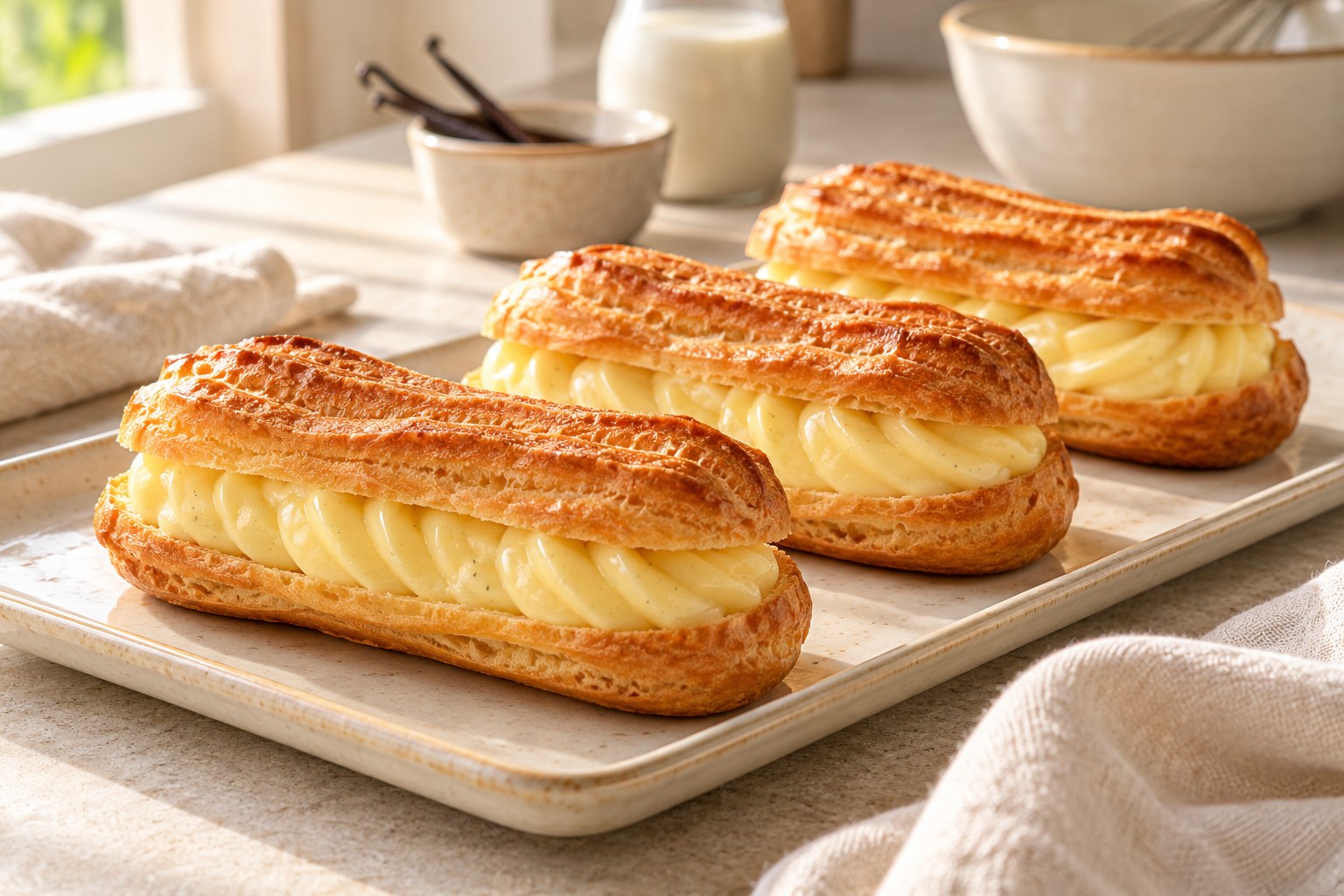 Éclairs filled with smooth vanilla pastry cream