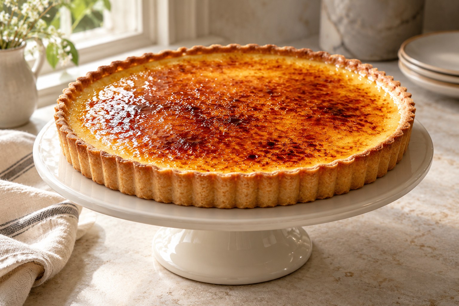 Crème brûlée tart with a crisp caramelized sugar topping