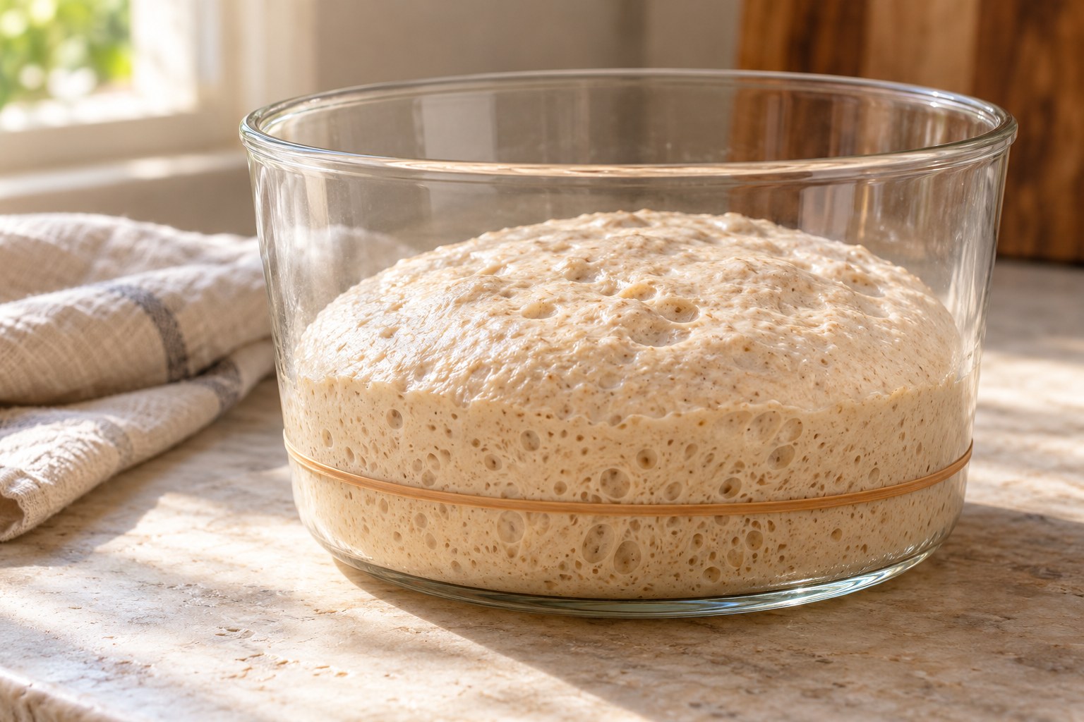 Aerated sourdough showing bubbles during bulk fermentation