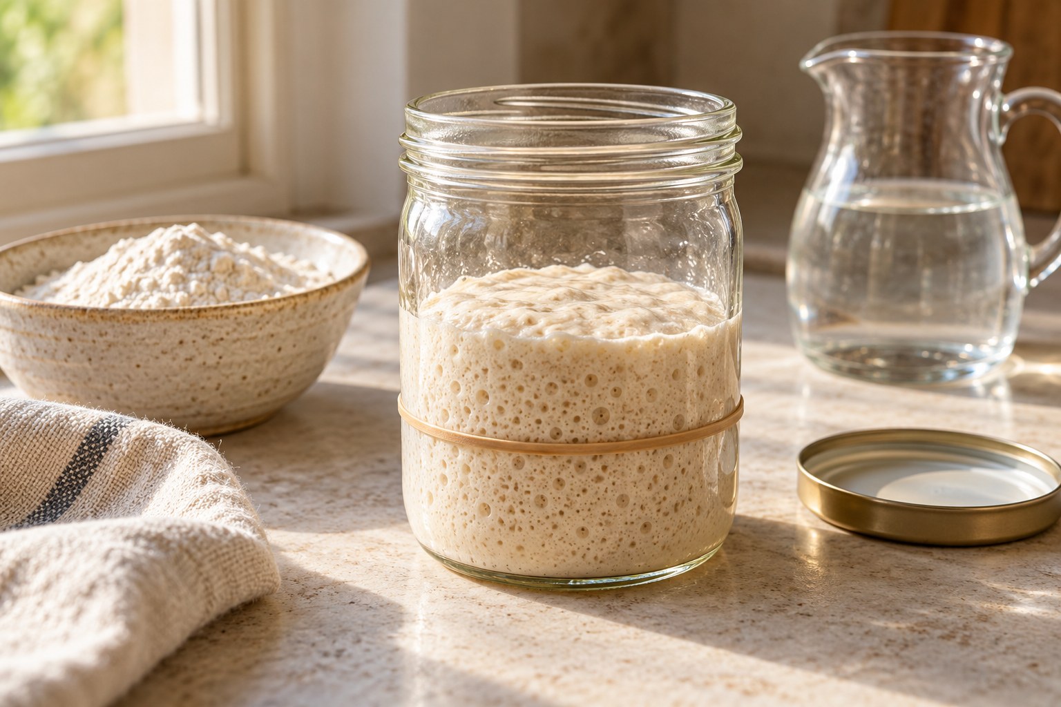 Active sourdough starter with visible fermentation bubbles