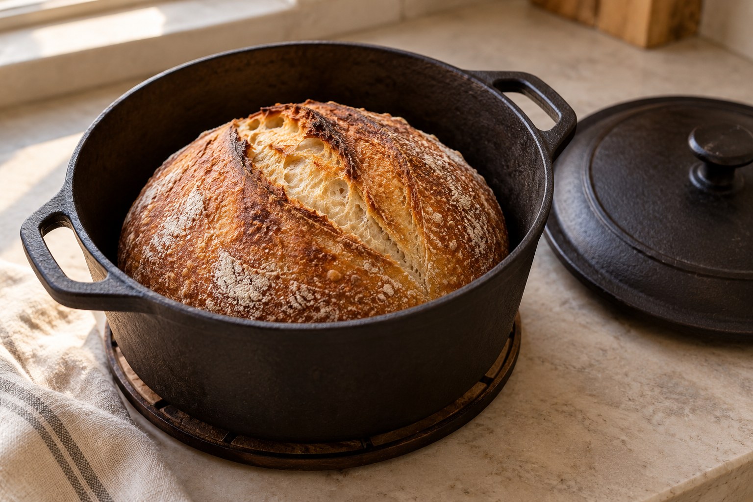 Scored sourdough loaf baked in a cast iron Dutch oven