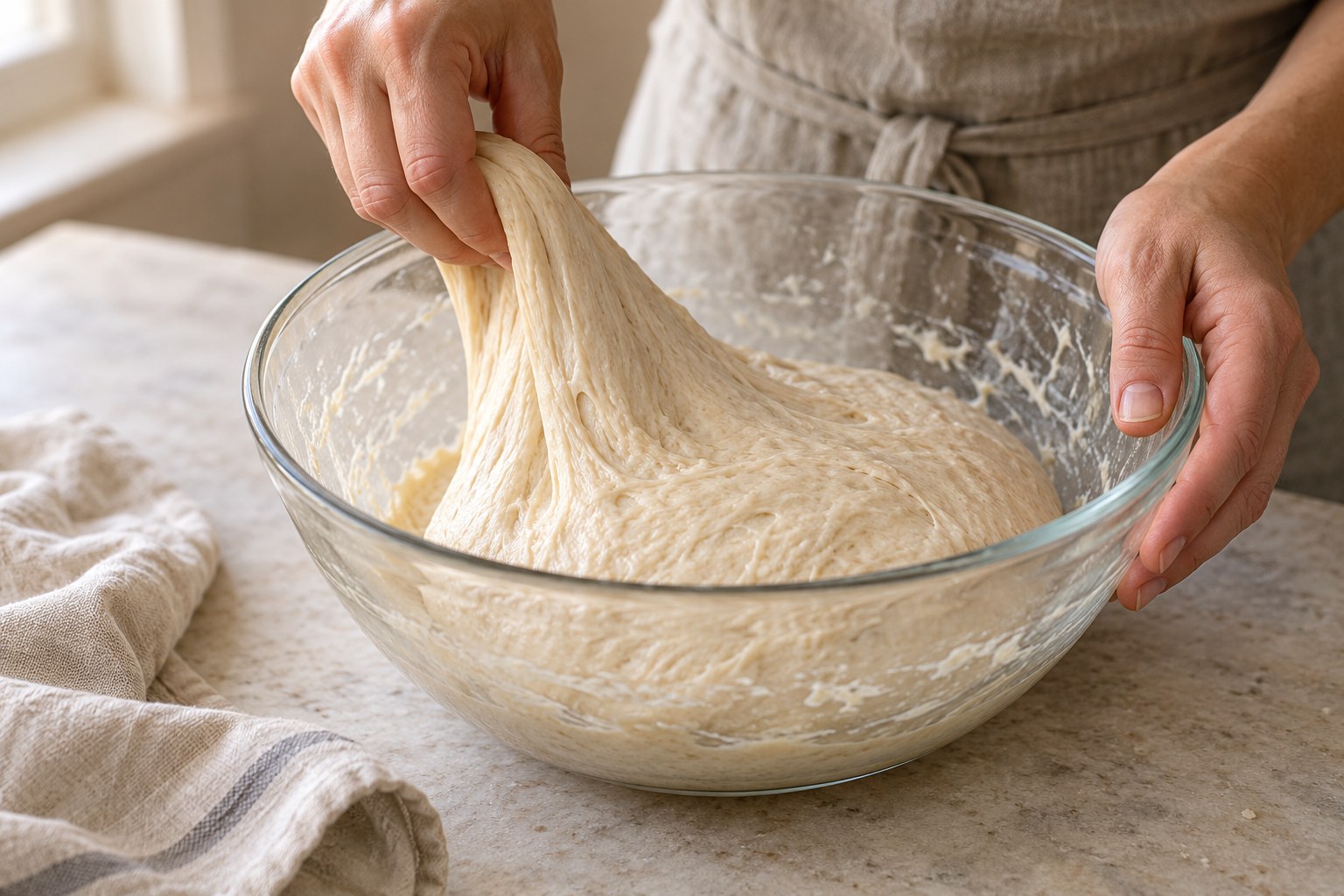 A gentle stretch-and-fold strengthens sourdough in a bowl