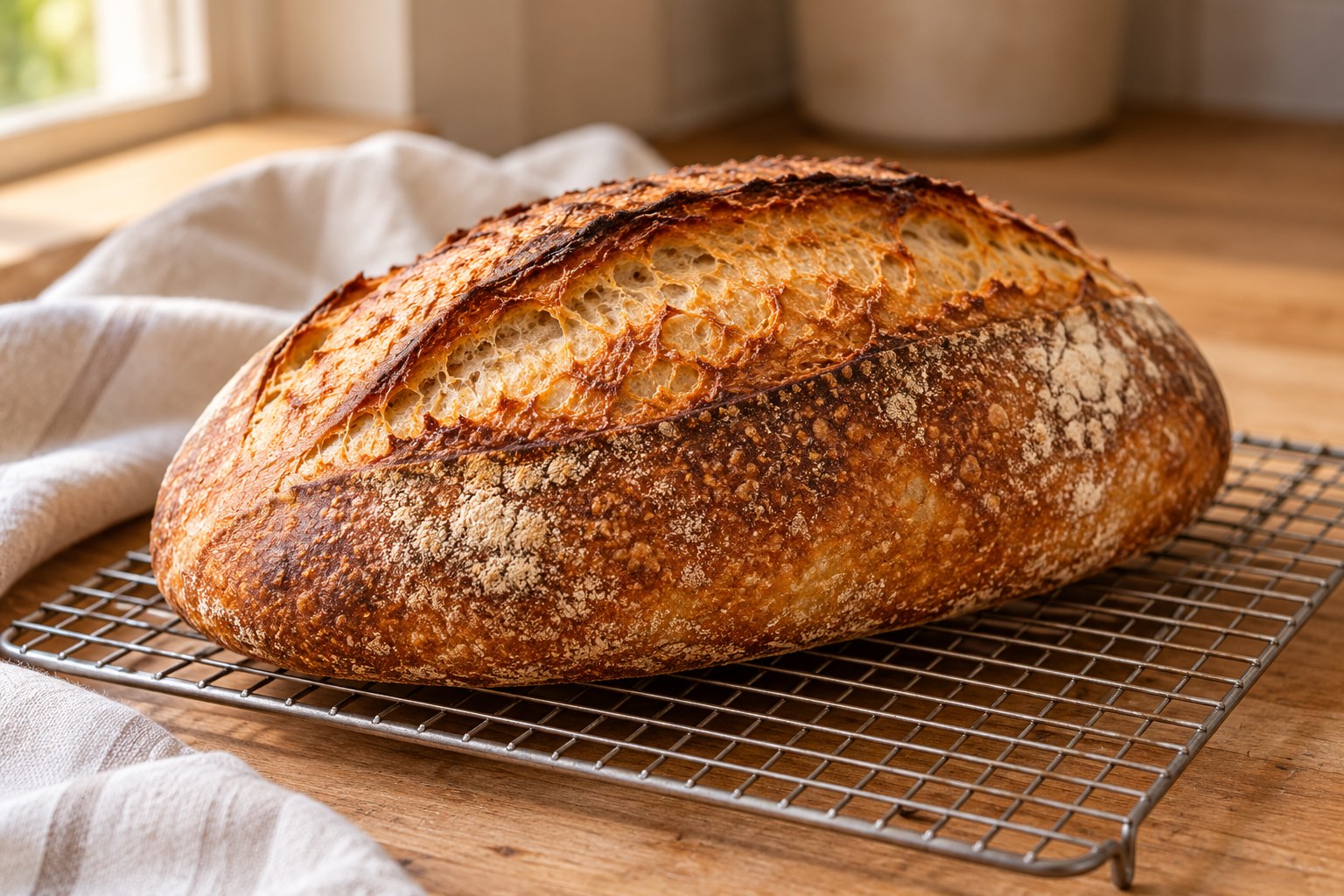 Sourdough loaf cooling intact on a wire rack