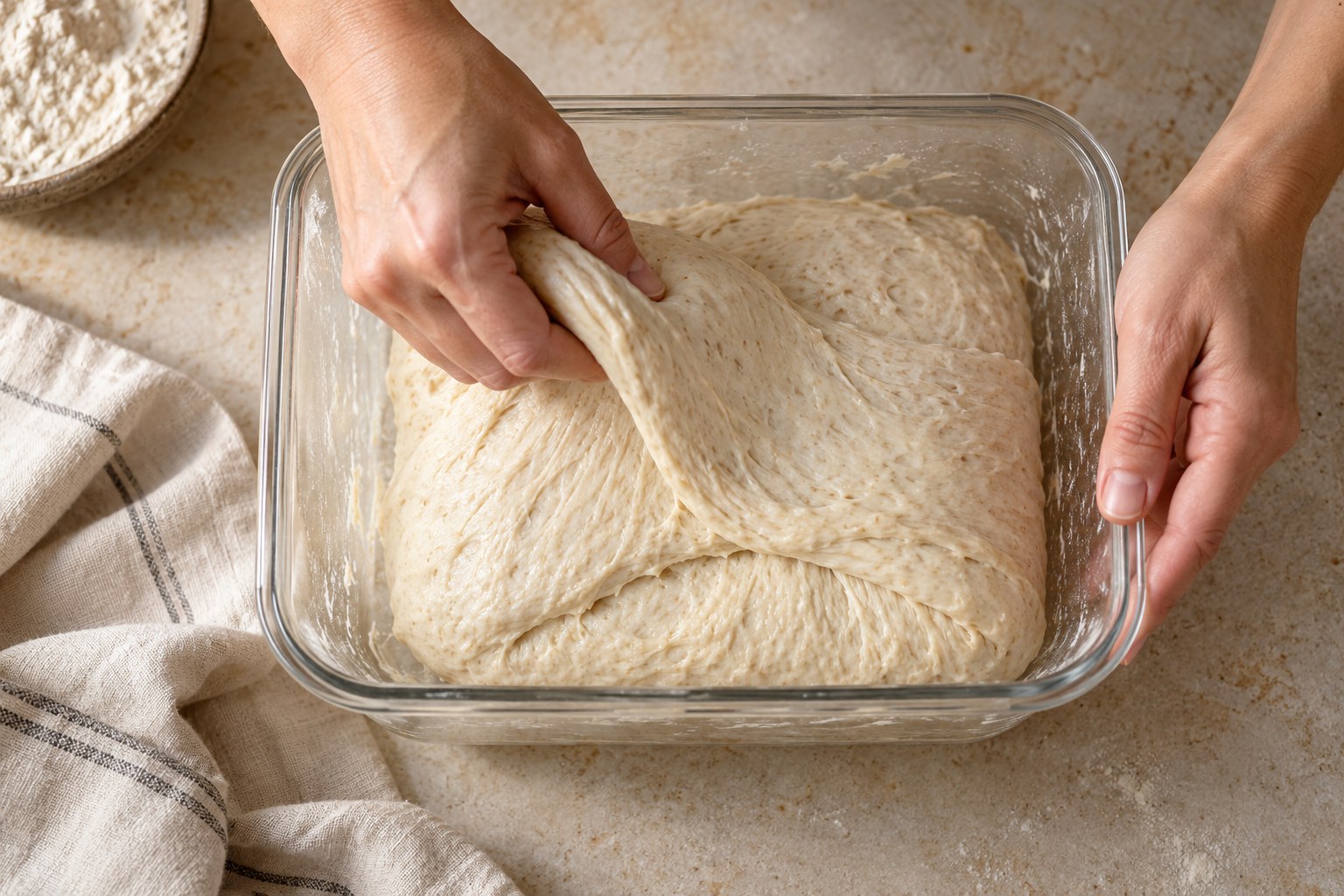 A gentle dough fold helps develop sourdough strength