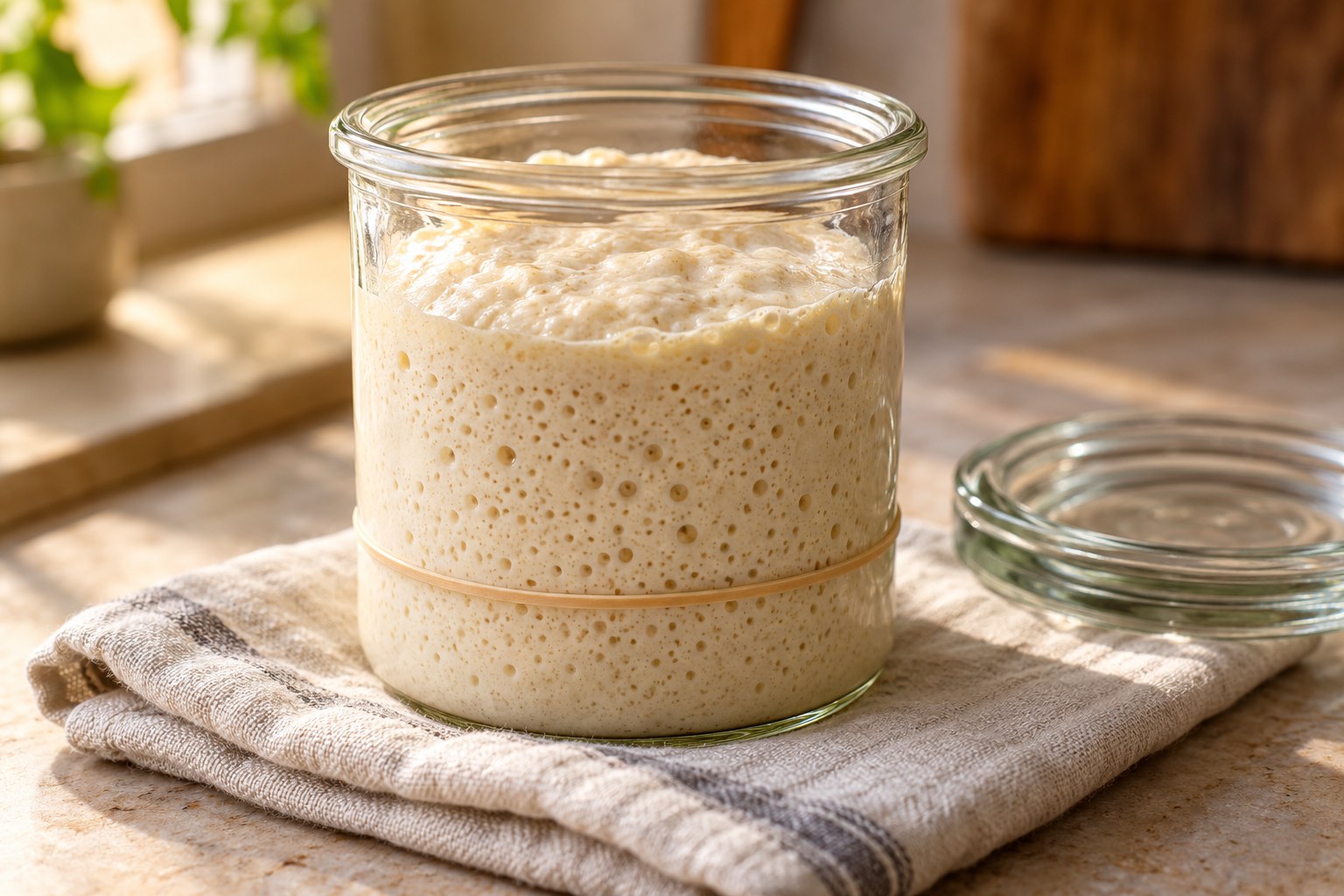 A marked sourdough starter jar showing rise and fermentation bubbles