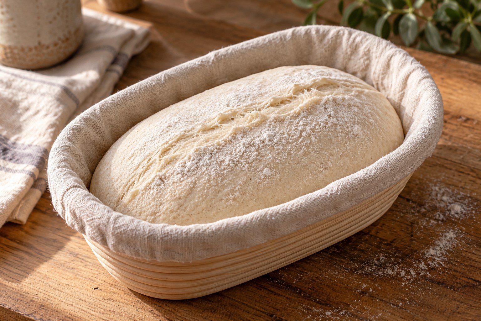 Shaped sourdough resting in a linen-lined proofing basket
