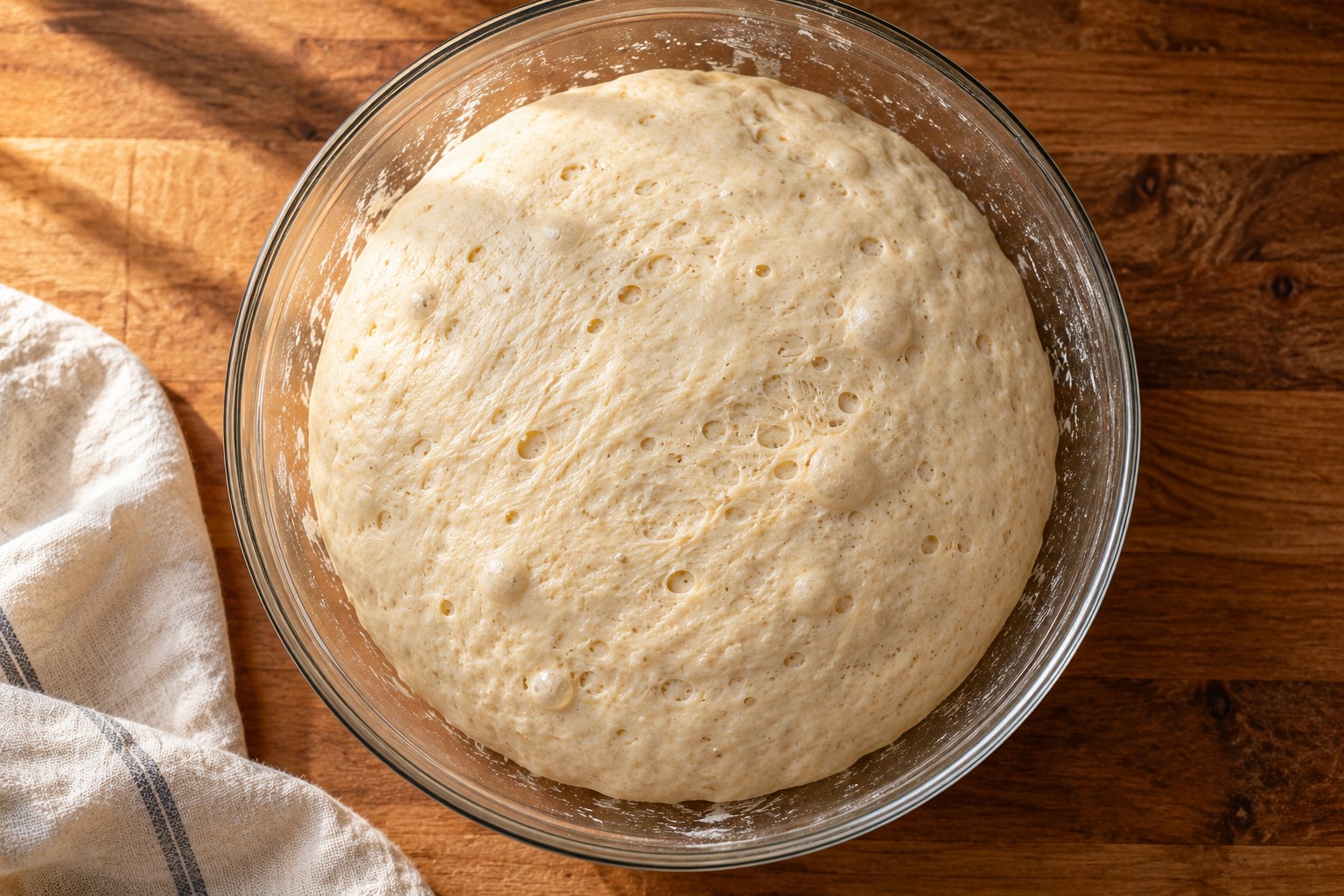 Visible bubbles on the surface of fermented sourdough dough