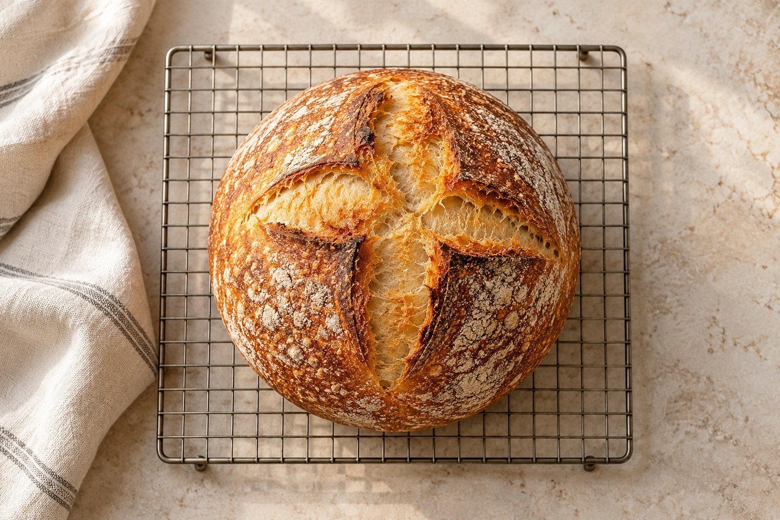 An intact sourdough loaf cooling on a wire rack before slicing