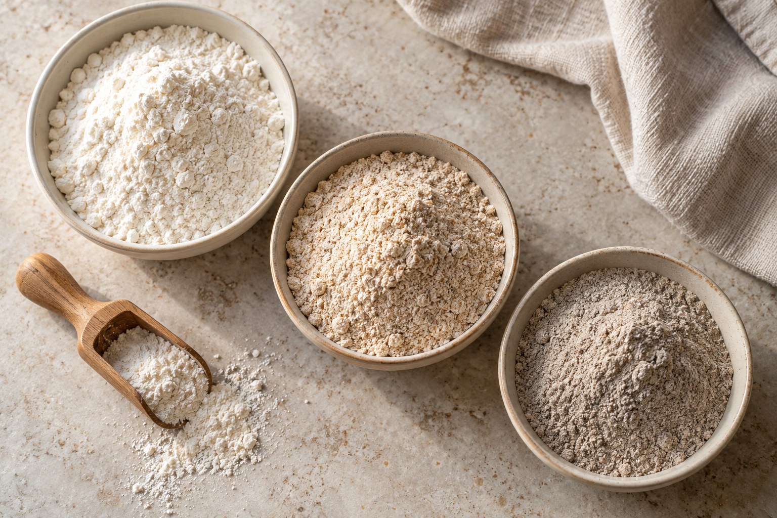 Bread flour, whole-wheat flour and rye flour in separate bowls