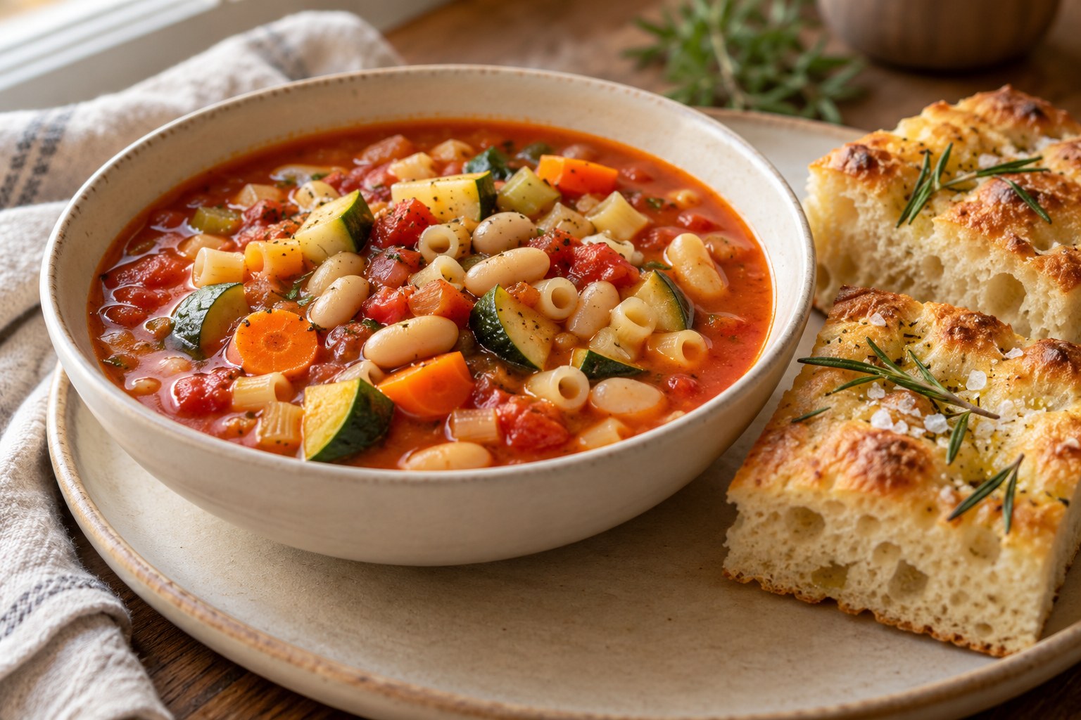 Vegetable minestrone paired with rosemary focaccia