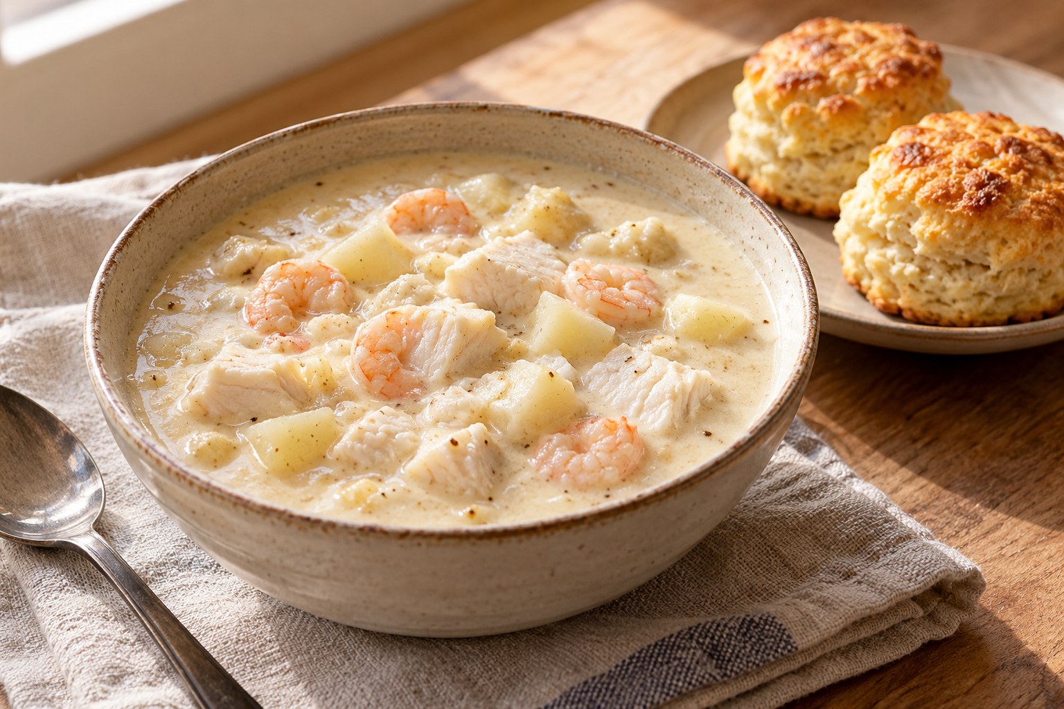 Creamy seafood chowder served with golden savoury biscuits