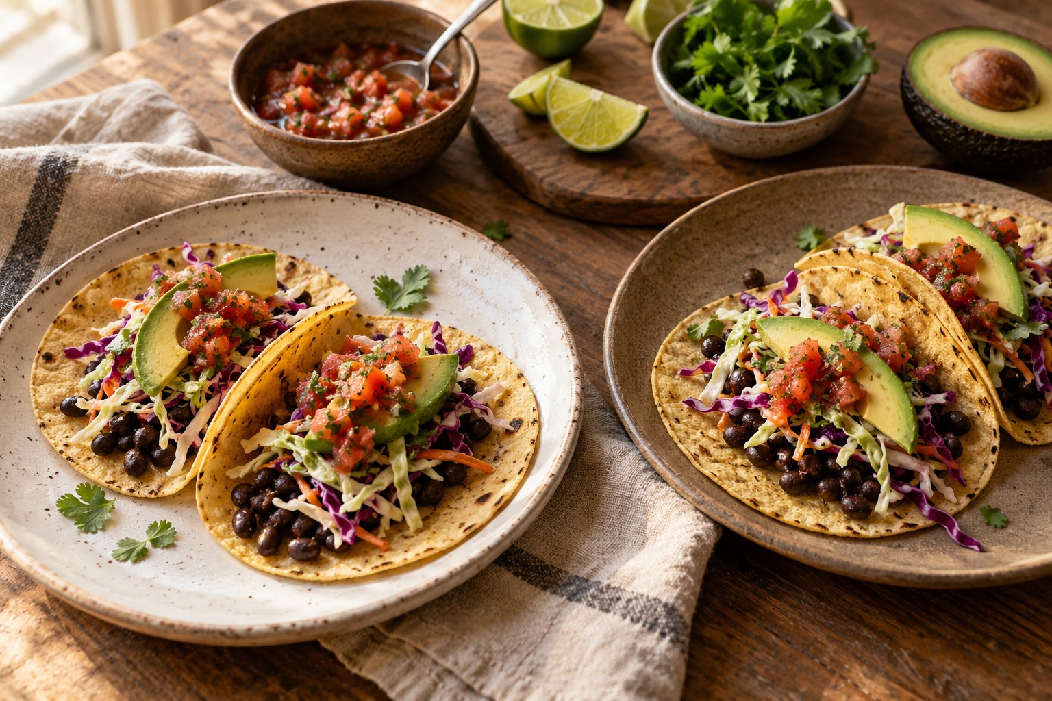 Black bean tacos with cabbage slaw and avocado