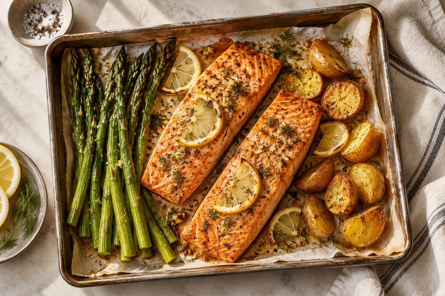 Roasted salmon and asparagus on a small tray for two