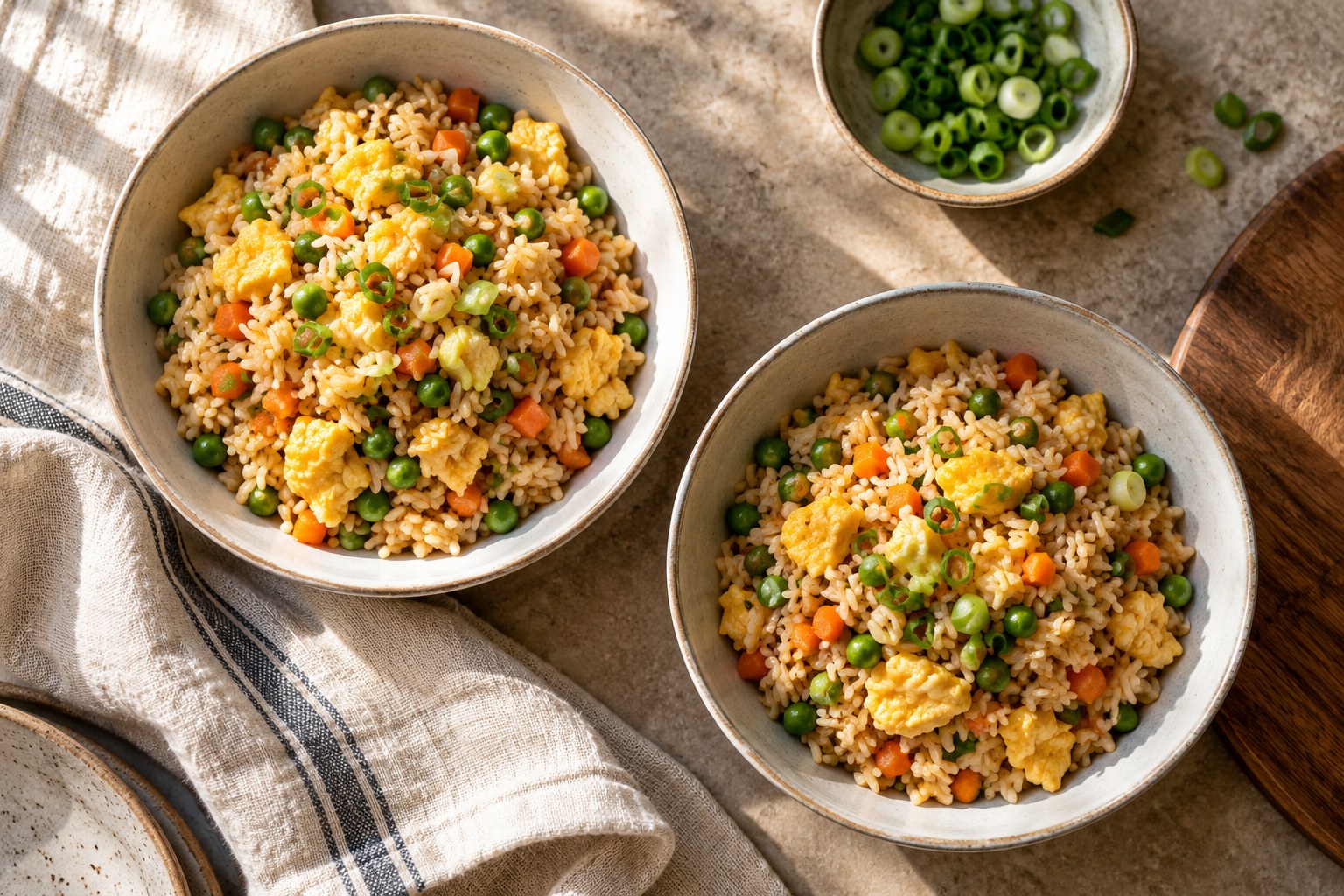 Egg fried rice with peas carrots and green onion
