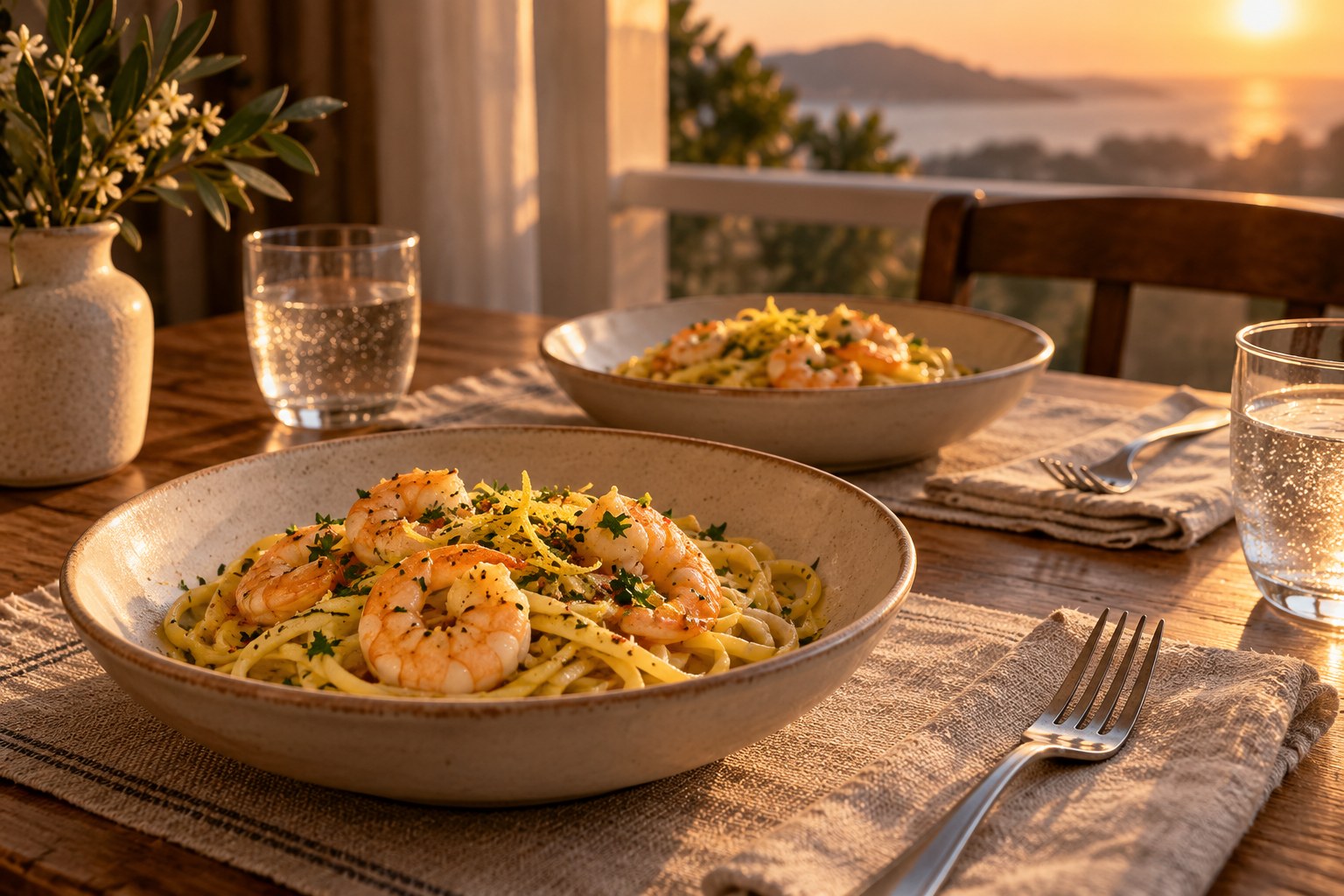 Lemony shrimp pasta served at a small table for two
