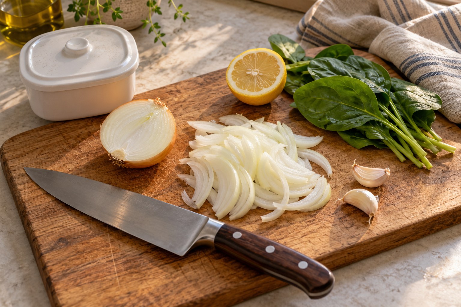 Cut onion lemon and greens prepared for shared meals