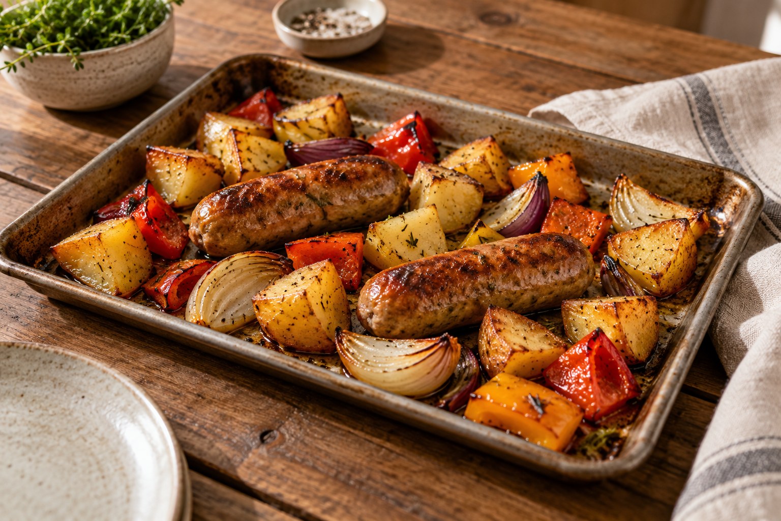Roasted sausage with potatoes onions and peppers for two