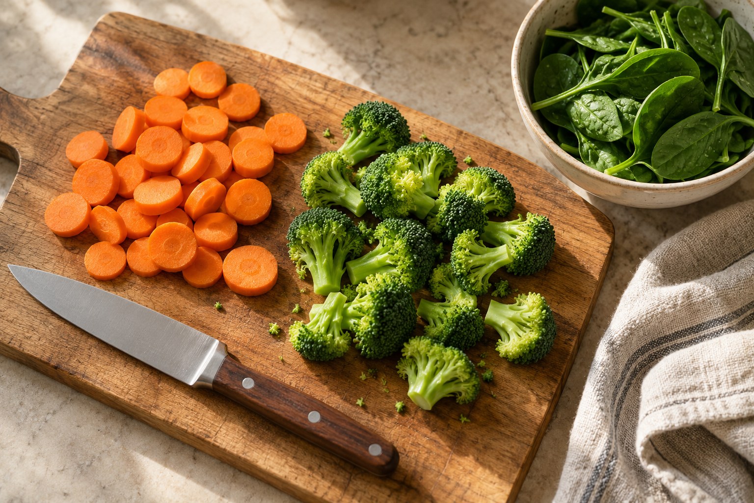 Evenly cut broccoli carrots and washed spinach ready for cooking