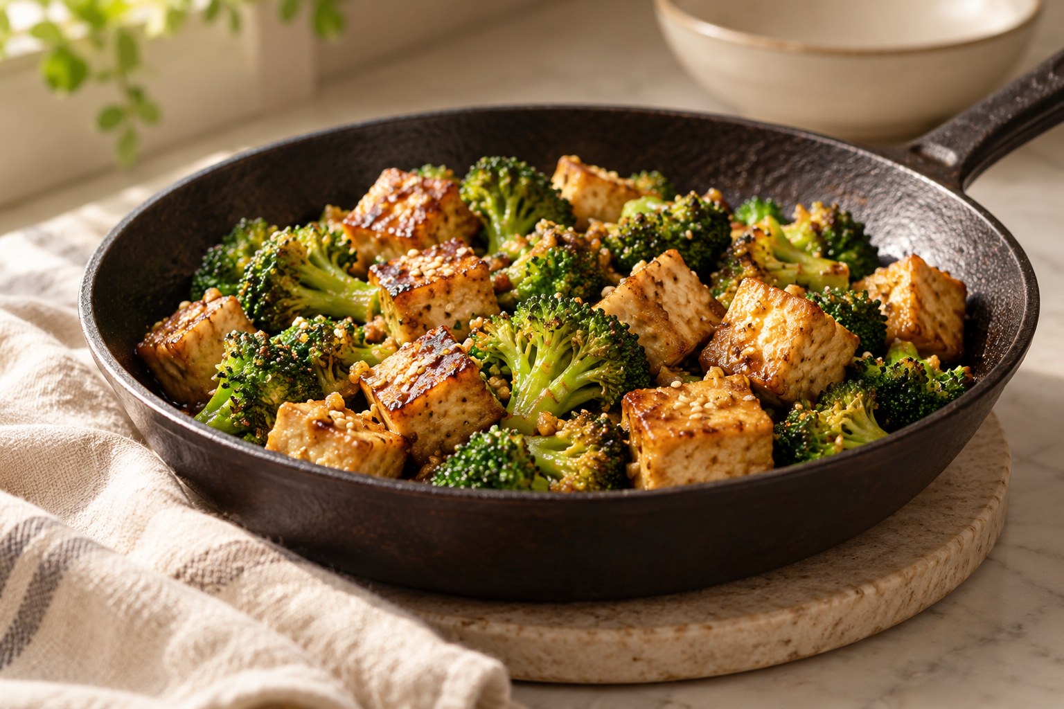 Golden tofu and broccoli in a quick skillet stir-fry